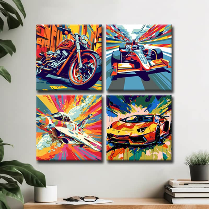 LeinwandKunst im Pop-Art-Stil  Lebendige Speed Darstellungen als Bilderwand, 4-teilig