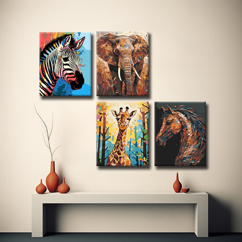 Leinwandkunst met Exotic Tieren – Lebendige und Detailreiche Galeriewandbilder, 4-part