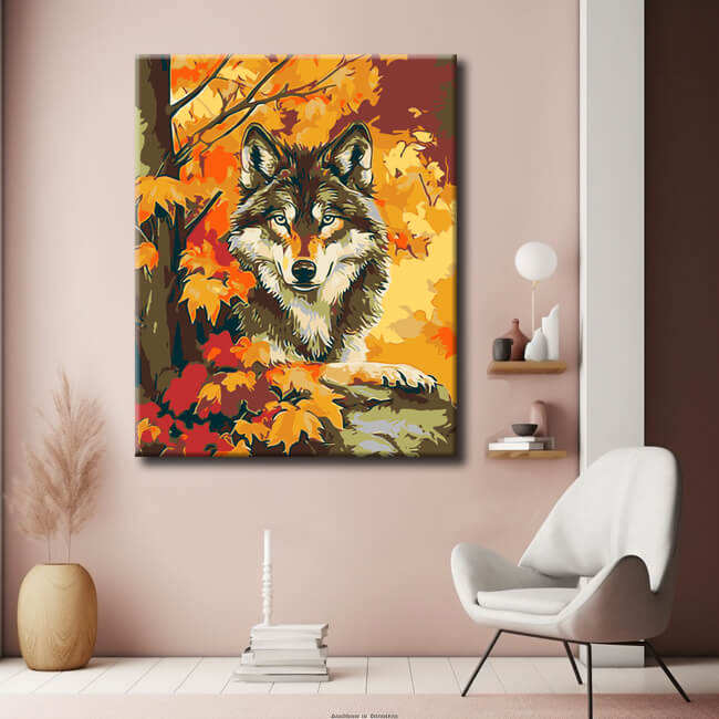 Malen nach Zahlen Tiere Wolf im Herbstlaub