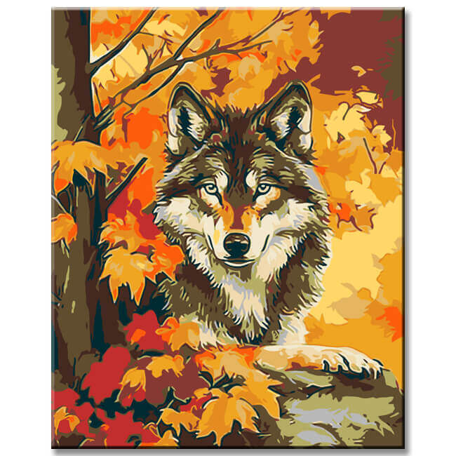 Malen nach Zahlen Tiere Wolf im Herbstlaub