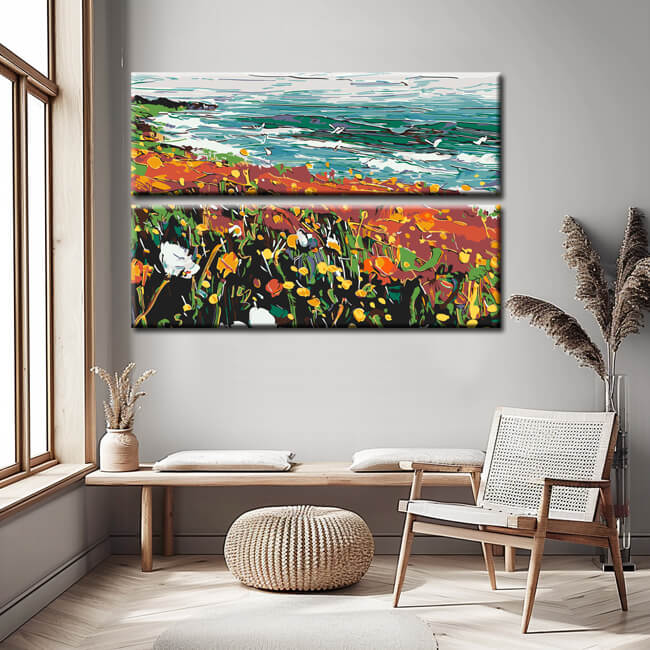 Malen nach Zahlen Panorama Blumenwiese am Meer 2-teilig