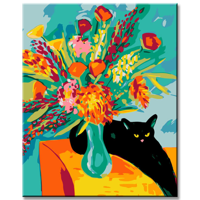 Malen nach Zahlen Schwarze Katze mit Blumenbouquet