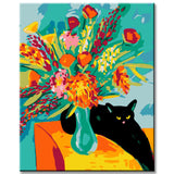 Malen nach Zahlen Schwarze Katze mit Blumenbouquet