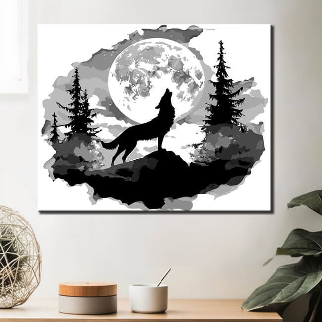 Malen nach Zahlen Kunst 3d Wolf steht auf dem Berg und hunt voor dem Vollmond