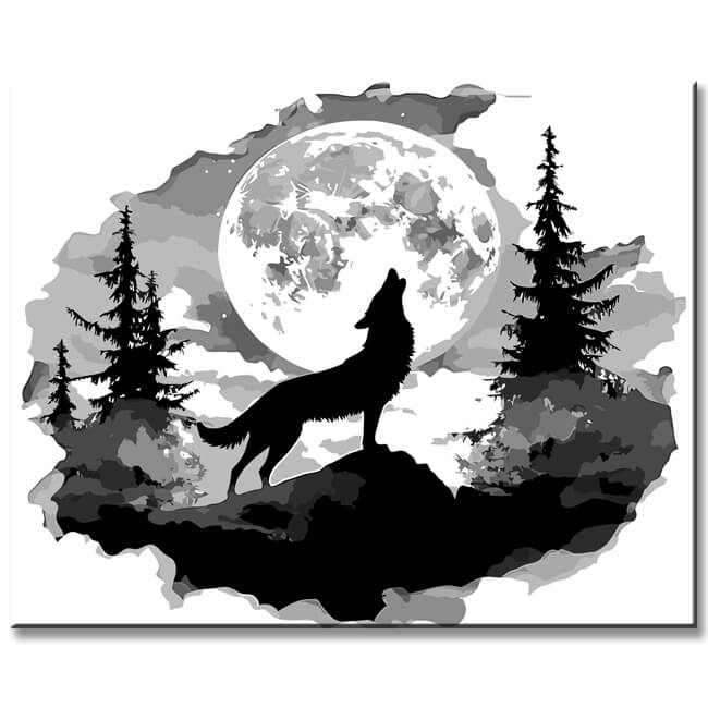 Malen nach Zahlen Kunst 3d Wolf steht auf dem Berg und hunt voor dem Vollmond