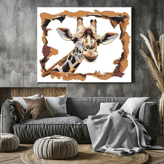 Malen nach Zahlen 3D Kunst Giraffe steckt ihren Kopf aus der Wand