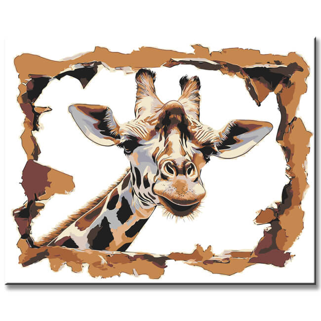 Malen nach Zahlen 3D Kunst Giraffe steckt ihren Kopf aus der Wand