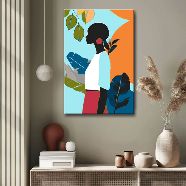 Malen nach Zahlen Kunst Minimalismus Schwarze Frau Pflanze