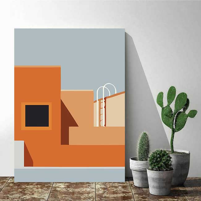 Malen nach Zahlen Kunst Minimalismus Orange Haus mit Leiter