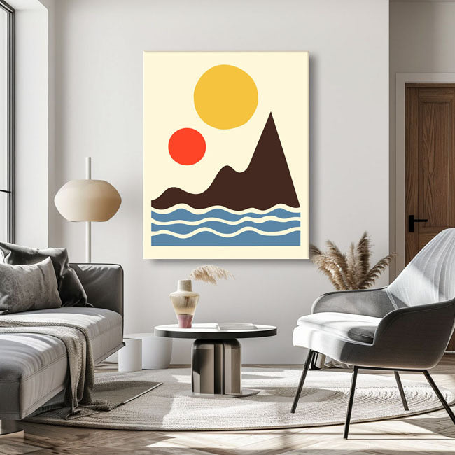 Malen nach Zahlen Kunst Minimalismus gelbe Sonne, Wellen und bunte Berge
