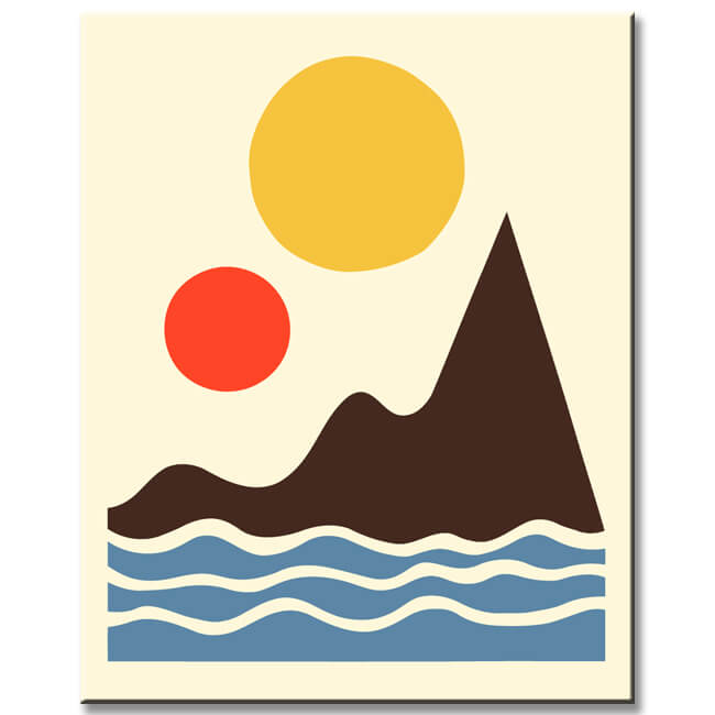 Malen nach Zahlen Kunst Minimalismus gelbe Sonne, Wellen und bunte Berge