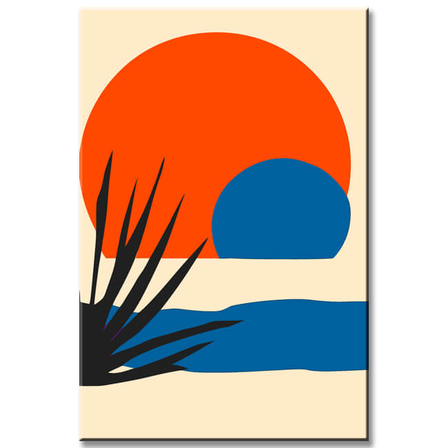 Malen nach Zahlen Kunst Minimalismus roter Sonnenuntergang mit Wasser und Palmenblatt