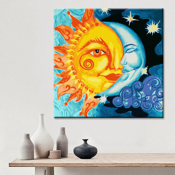 Malen nach Zahlen Kunst Halbe Sonne und Halber Mond in einem Gesicht