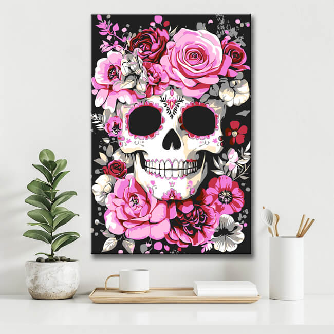 Malen nach Zahlen Totenkopf mit Rosen