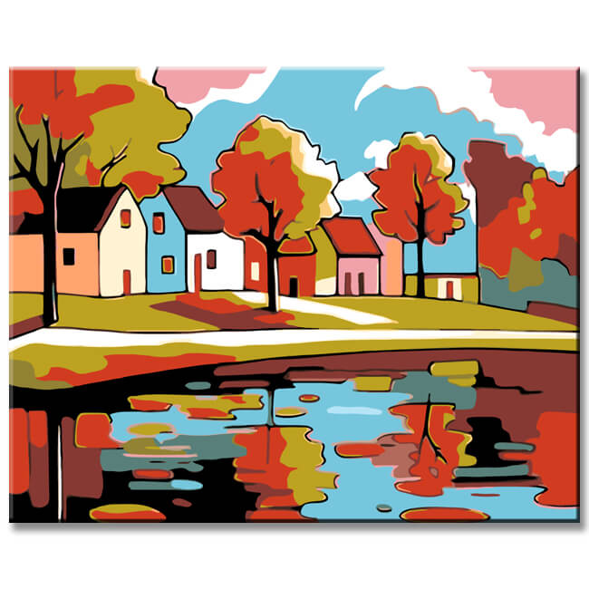 Painting by Numbers Art Illustration Autumn Trees Reflection in Water