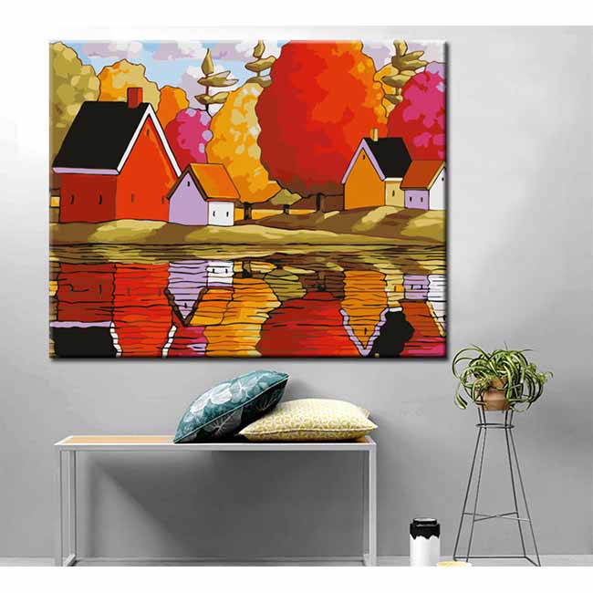 Malen nach Zahlen Kunst Illustration Herbstlandschaft Reflektion im Wasser