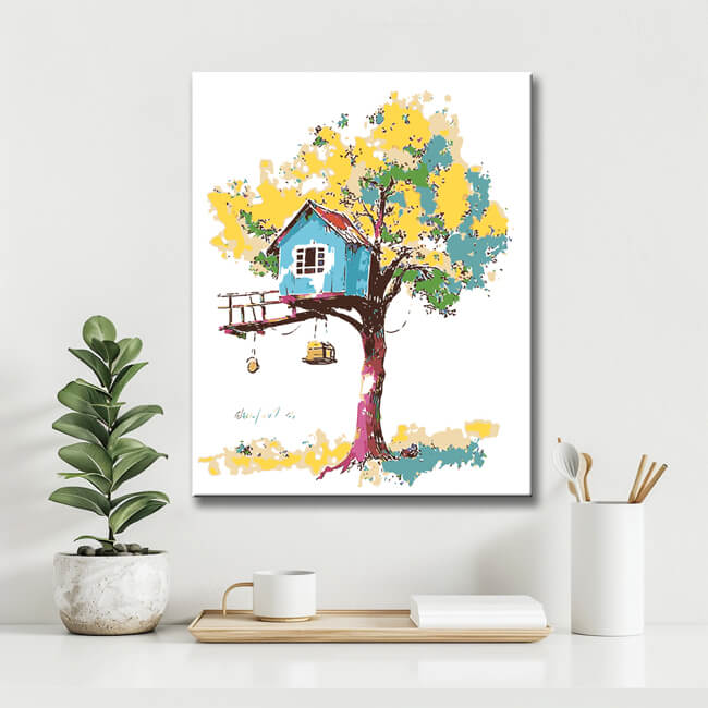 Malen nach Zahlen Kunst Illustration Blaues Baumhaus im geben Baum