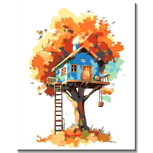 Malen nach Zahlen Kunst Illustration Blaues Baumhaus im roten Baum