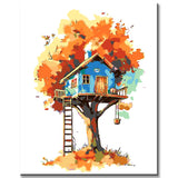 Malen nach Zahlen Kunst Illustration Blaues Baumhaus im roten Baum