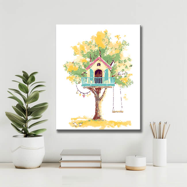 Malen nach Zahlen Kunst Illustration rosa Baumhaus mit blauem Geländer im gelben Baum