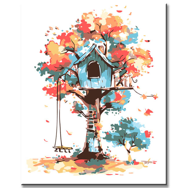 Malen nach Zahlen Kunst Illustration Blaues Baumhaus Herbst