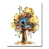 Malen nach Zahlen Kunst Illustration Blaues Baumhaus im gelben Baum