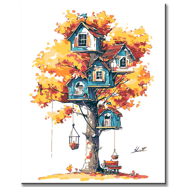Malen nach Zahlen Kunst Illustration mehrere Baumhäuser im gelben Baum