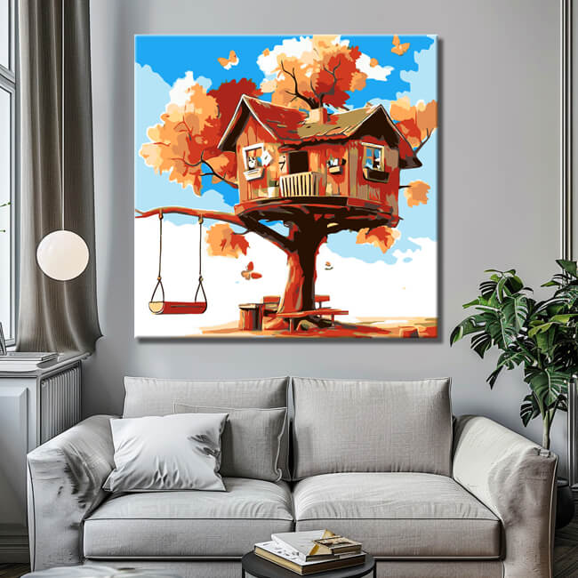 Malen nach Zahlen Kunst Illustration large brown Baumhaus mit Schaukel