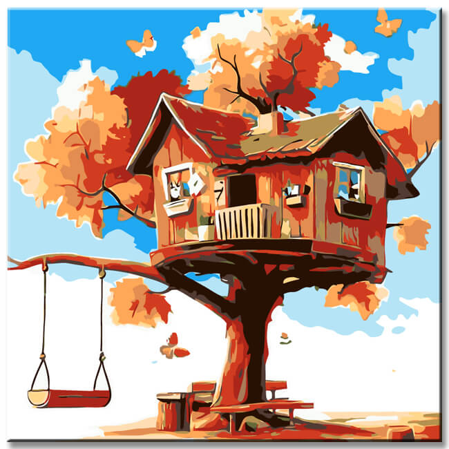 Malen nach Zahlen Kunst Illustration large brown Baumhaus mit Schaukel