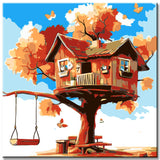 Malen nach Zahlen Kunst Illustration large brown Baumhaus mit Schaukel