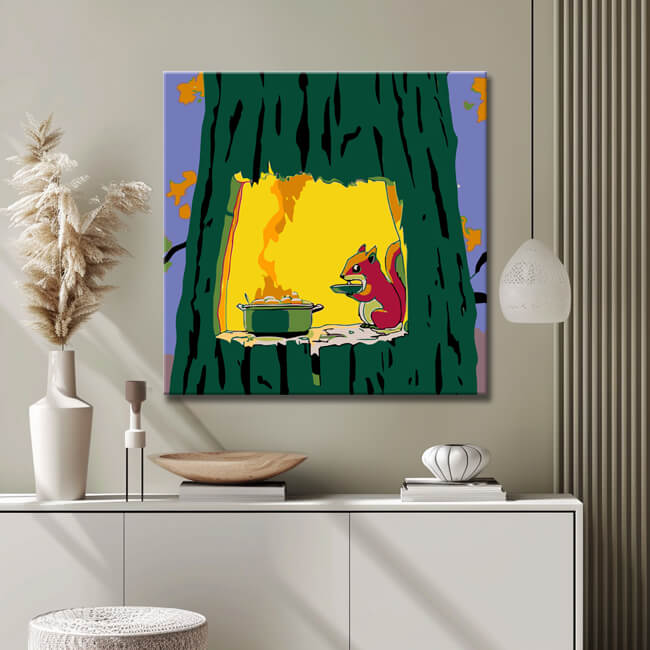 Grinding to the ground Art Illustration Eichhörnchen im Baum beim Kochen