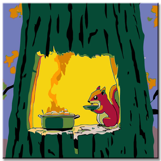 Grinding to the ground Art Illustration Eichhörnchen im Baum beim Kochen