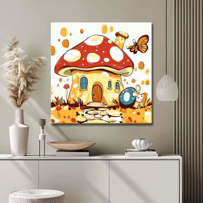 Malen nach Zahlen Kunst Illustration Fliegenpilzhaus mit Maus, Schmetterling und Schnecke