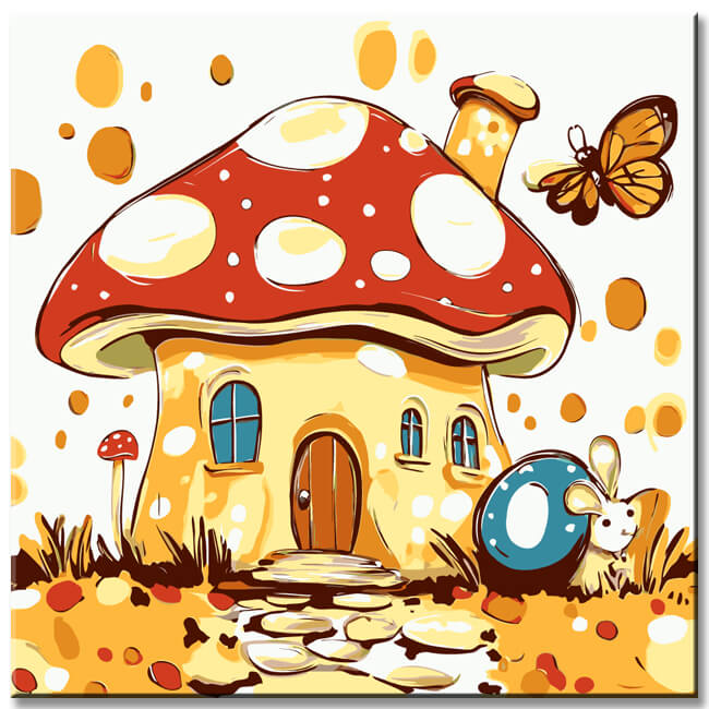 Malen nach Zahlen Kunst Illustration Fliegenpilzhaus mit Maus, Schmetterling und Schnecke