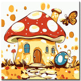 Malen nach Zahlen Kunst Illustration Fliegenpilzhaus mit Maus, Schmetterling und Schnecke