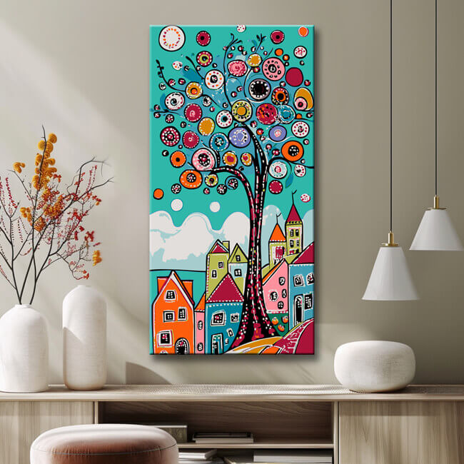 Malen nach Zahlen Kunst Illustration Bunte Häuser Großer Bunter Baum