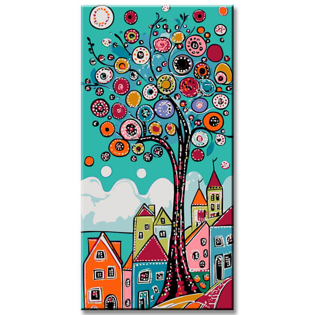 Malen nach Zahlen Kunst Illustration Bunte Häuser Großer Bunter Baum