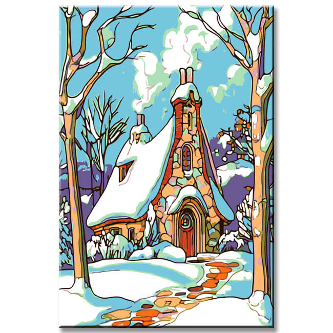 Malen nach Zahlen Kunst Illustration Schneebedecktes Haus