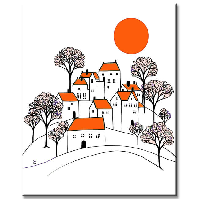 Malen nach Zahlen Kunst Illustration weiße Häuser mit orangenem Dach und schwarze Bäume
