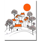 Malen nach Zahlen Kunst Illustration weiße Häuser mit orangenem Dach und schwarze Bäume