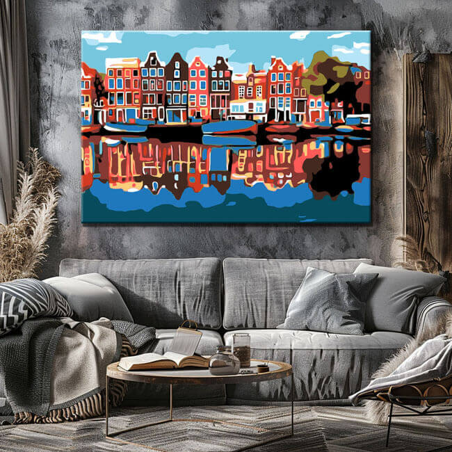 Malen nach Zahlen Kunst Landschaft Häuser die sich im Wasser spiegeln