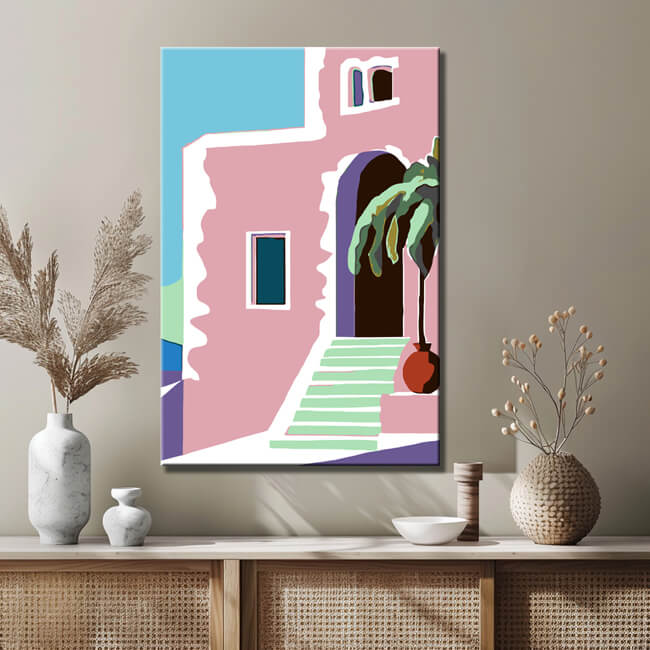 Malen nach Zahlen Minimalismus Kunst Rosafarbenes Haus mit Treppe