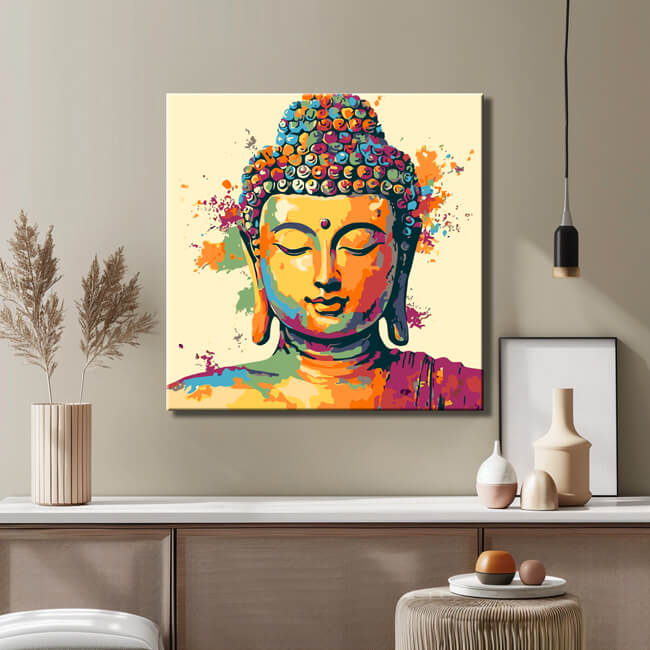 Malen nach Zahlen Kunst Lifestyle goldener Buddha mit Farbspritzern