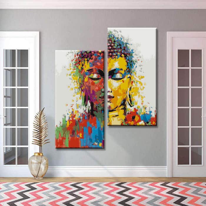 Malen nach Zahlen Kunst Lifestyle goldener Buddha with Farbspritzern 2 parts