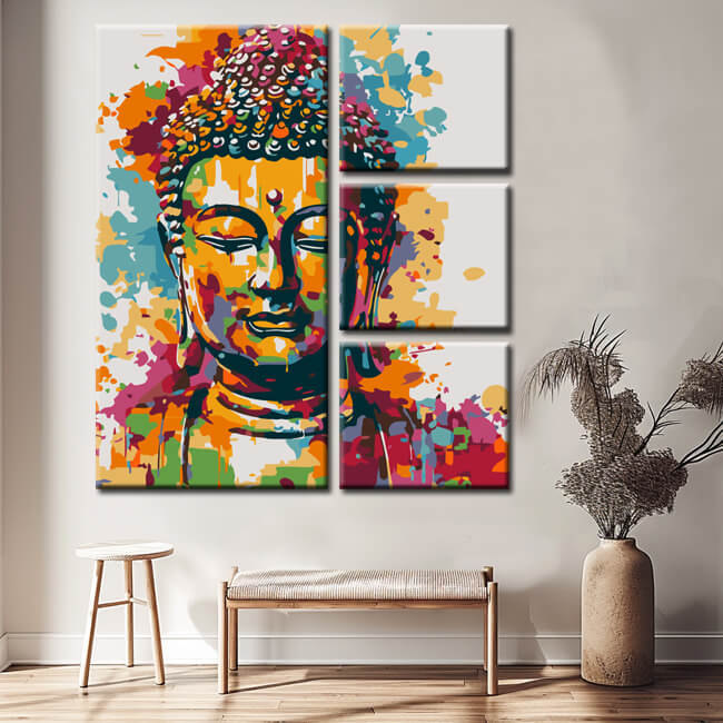Malen nach Zahlen Moderne Kunst goldener Buddha Farbtupfer 4-teilig