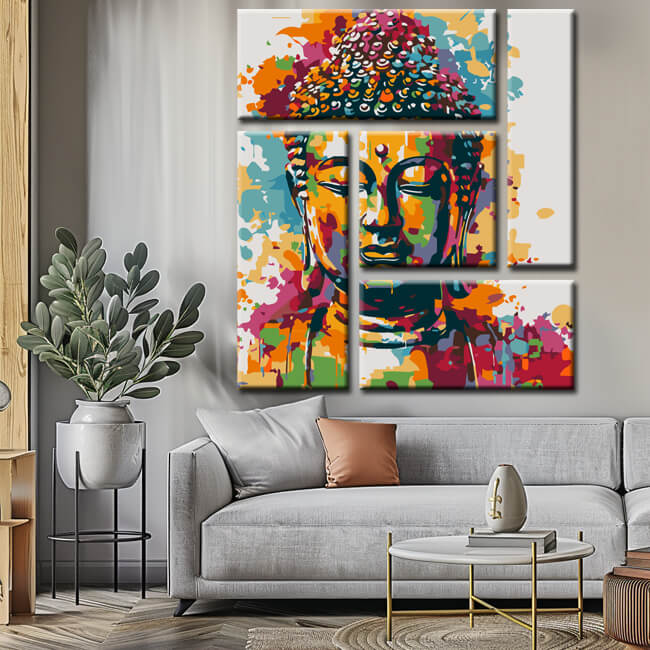 Malen nach Zahlen Kunst Lifestyle goldener Buddha mit Farbspritzern 5-teilig