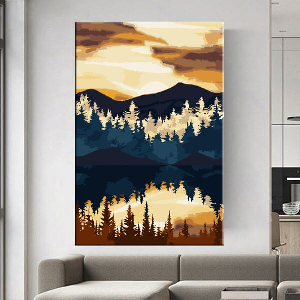 Malen nach Zahlen Kunst Natur Gelb Goldener Himmel hinter Bergsee