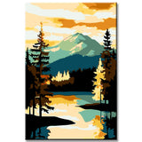 Malen nach Zahlen Kunst Natur Gelb Goldener Himmel hinter Bergsee
