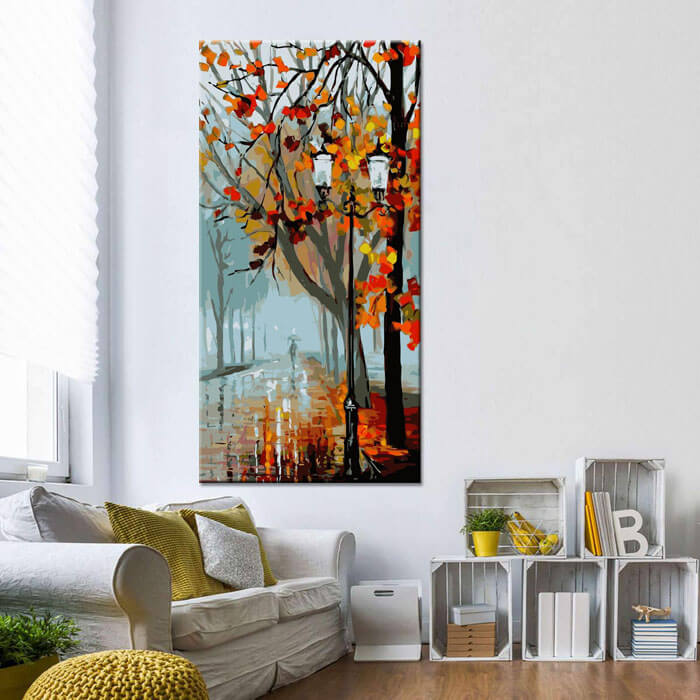 Malen nach Zahlen Kunst Natur Herbstbaum Regen Laternen