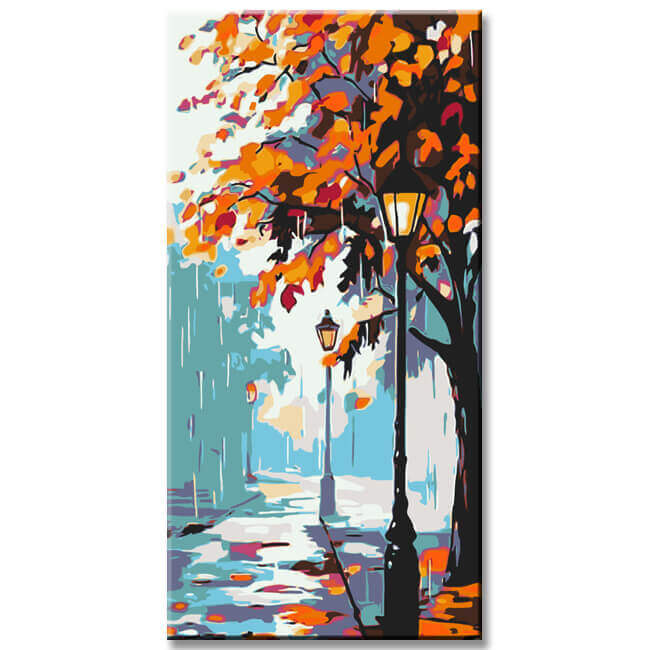 Malen nach Zahlen Kunst Natur Herbstbaum Regen Laternen